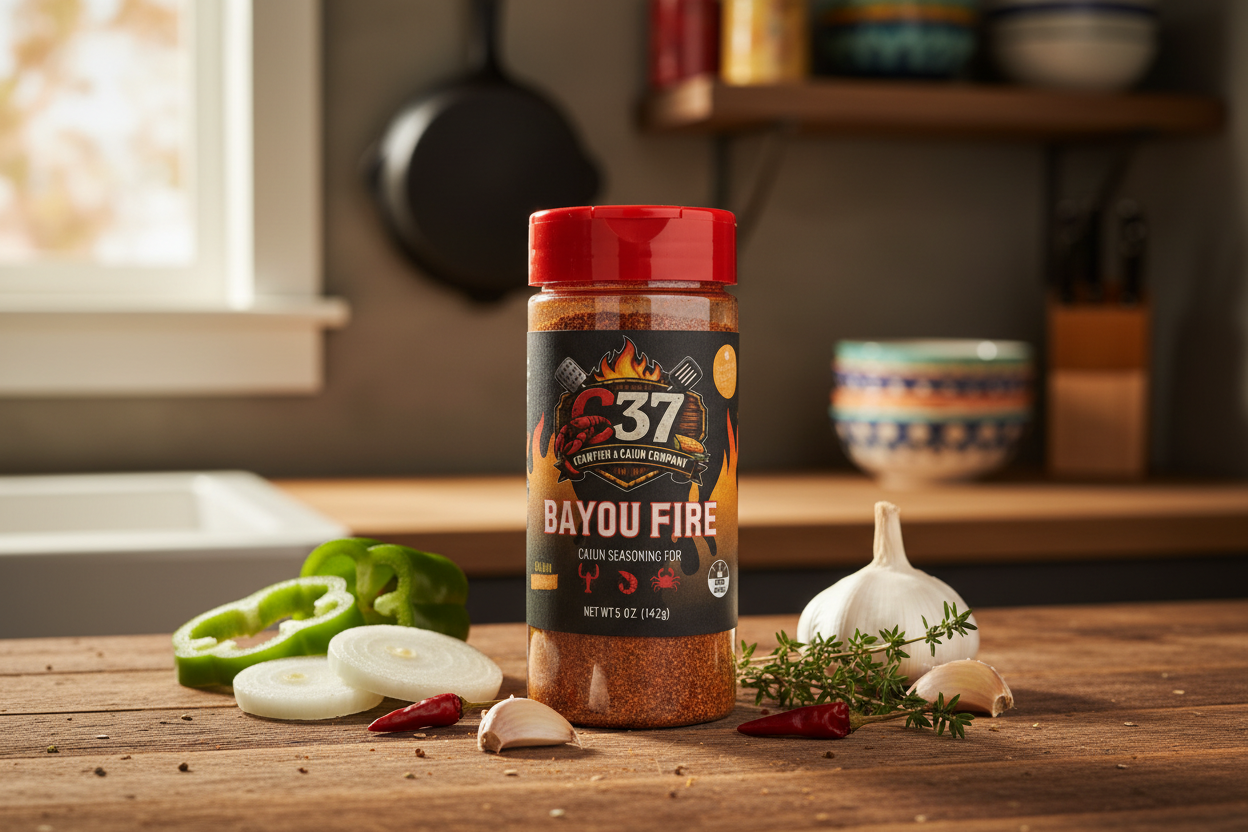 C37 Bayou Fire Cajun Seasoning in rustic kitchen setting