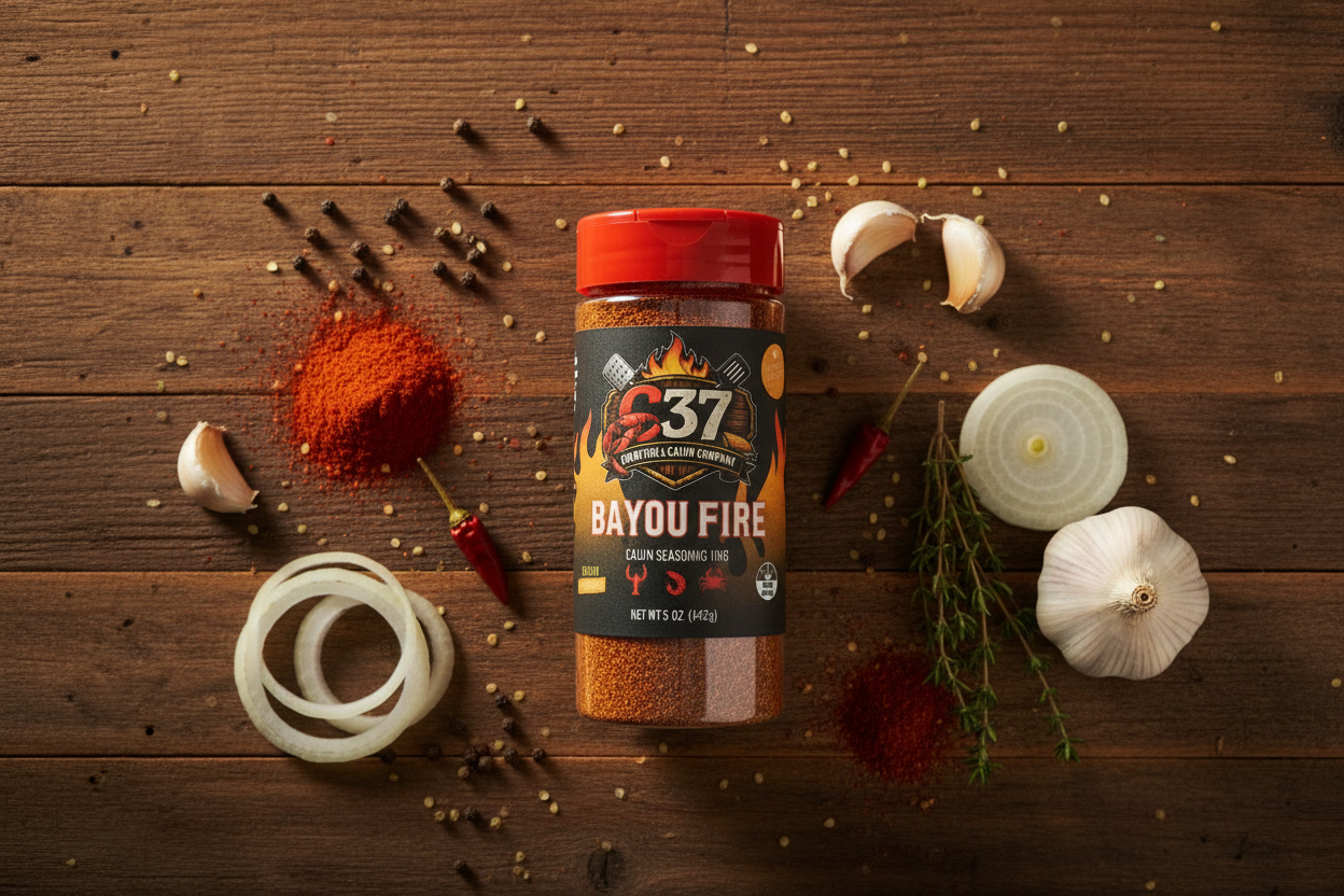 Bayou Fire Cajun Seasoning bottle surrounded by bold spices on rustic wooden surface