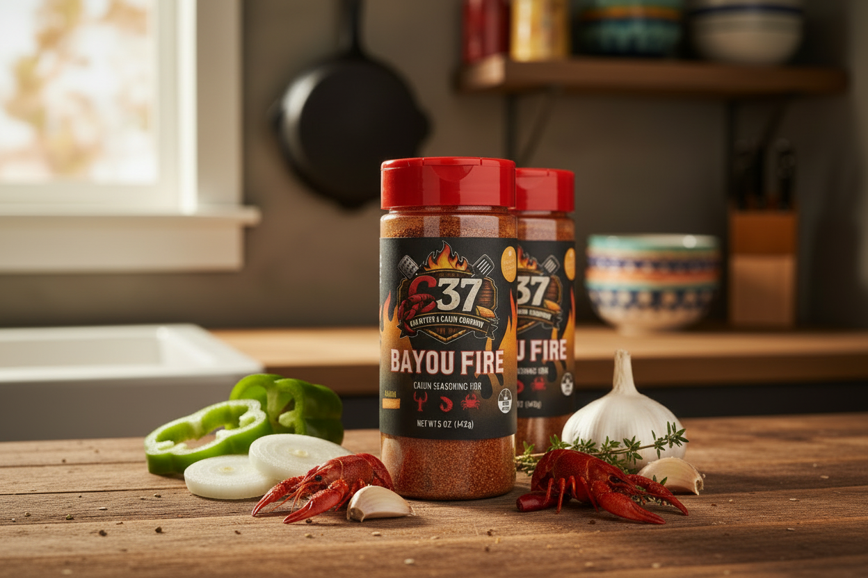 2 Pack C37 Bayou Fire Cajun Seasoning in rustic kitchen setting