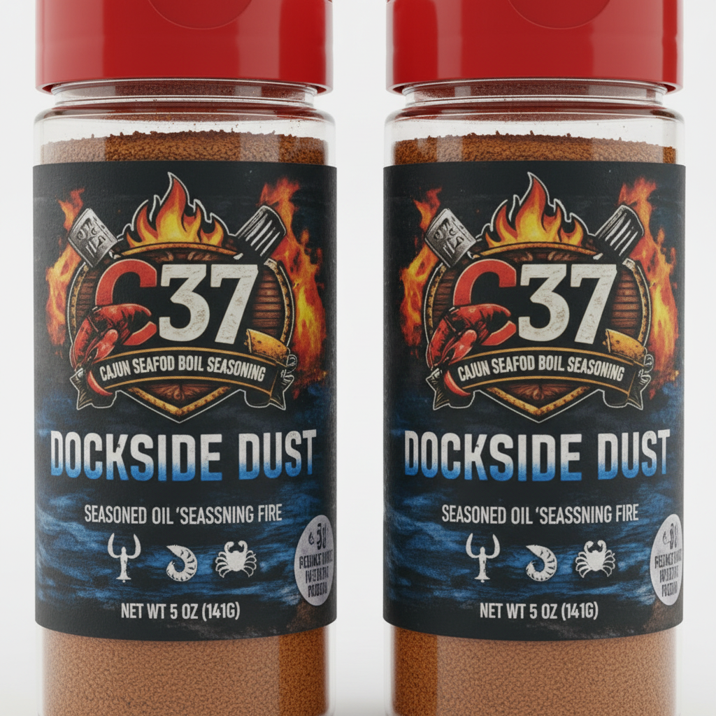 Close-up of two Dockside Dust Cajun Seafood Boil Seasoning bottles side by side