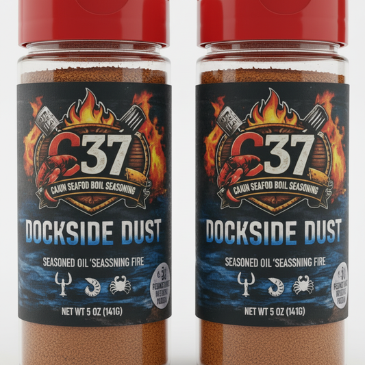 Close-up of two Dockside Dust Cajun Seafood Boil Seasoning bottles side by side