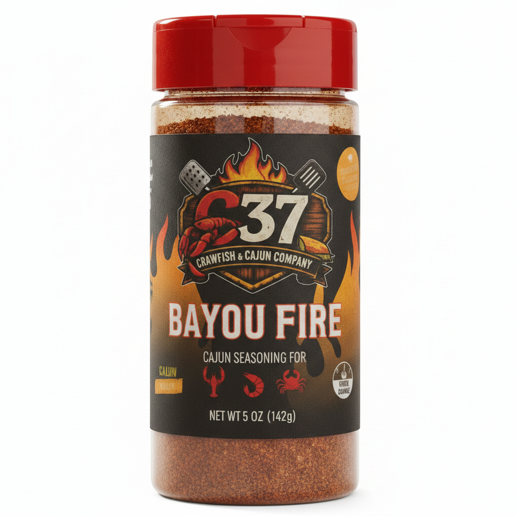 Close-up of Bayou Fire Cajun Seasoning bottle label