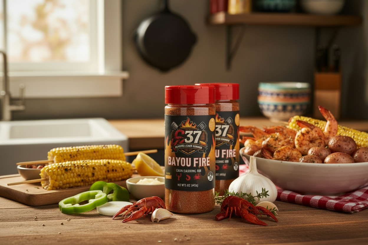 Two Bayou Fire Cajun Seasoning bottles next to a Southern food spread