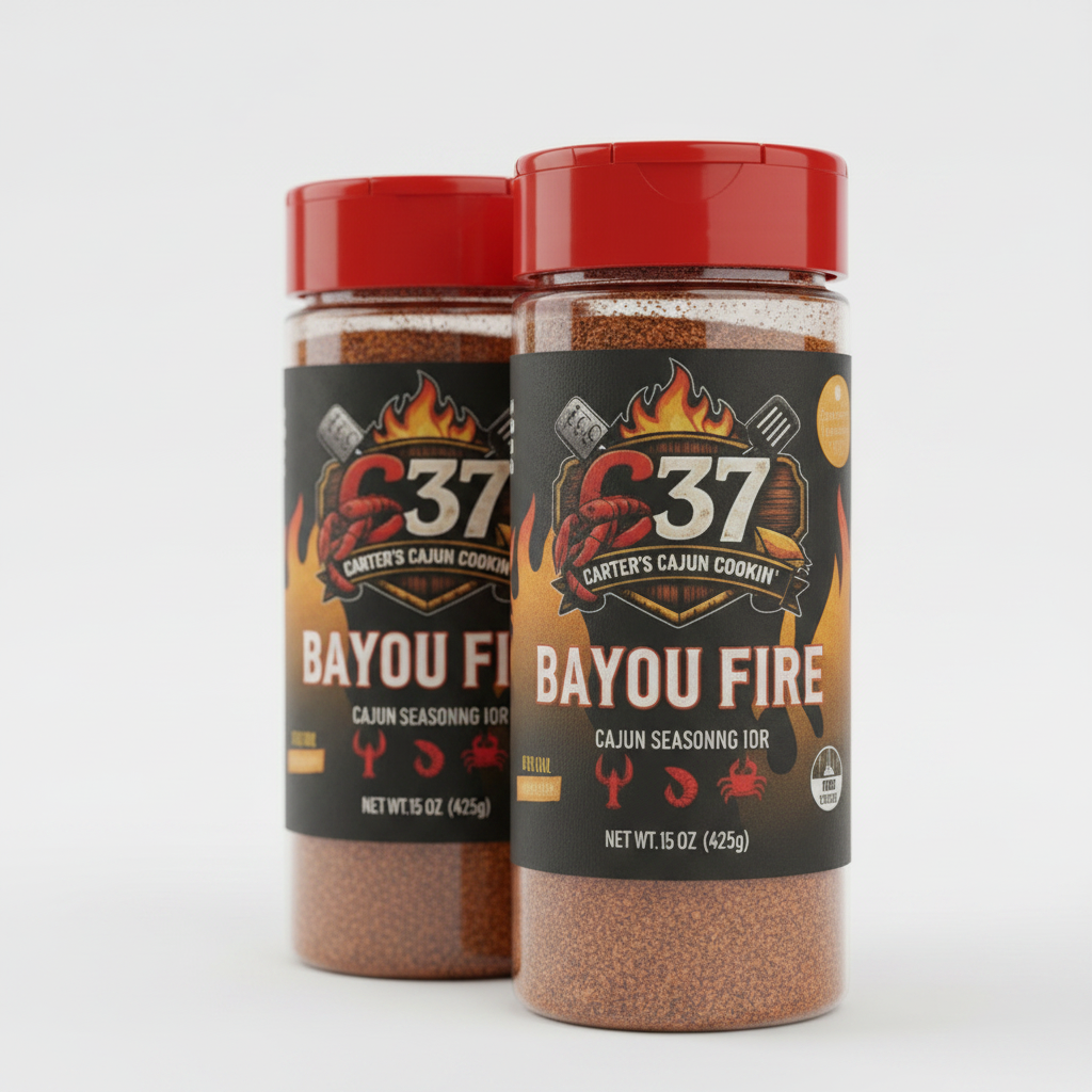 Close-up of two Bayou Fire Cajun Seasoning bottles side by side