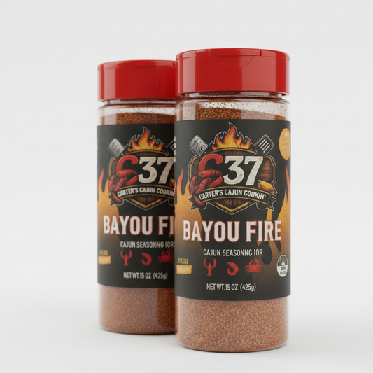 Close-up of two Bayou Fire Cajun Seasoning bottles side by side