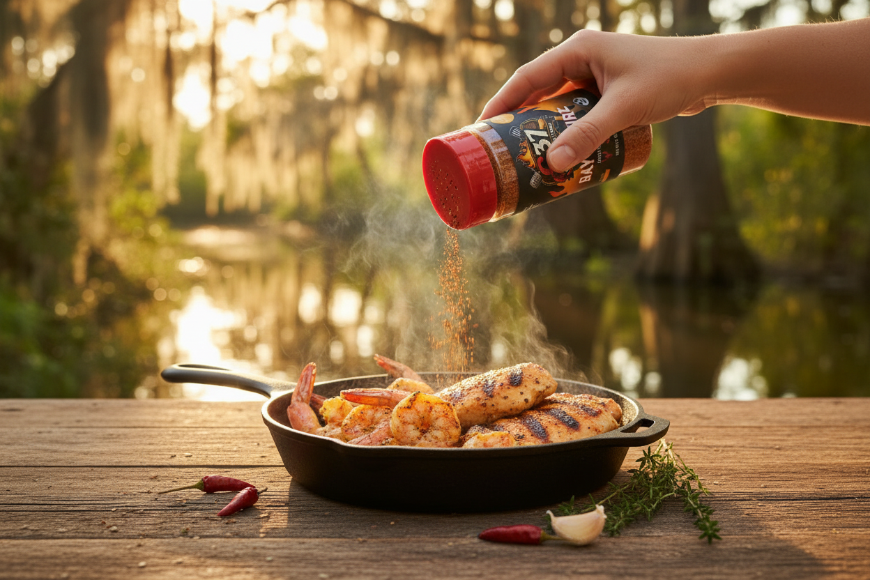 Bayou Fire Cajun Seasoning sprinkled over grilled shrimp and chicken on cast iron skillet