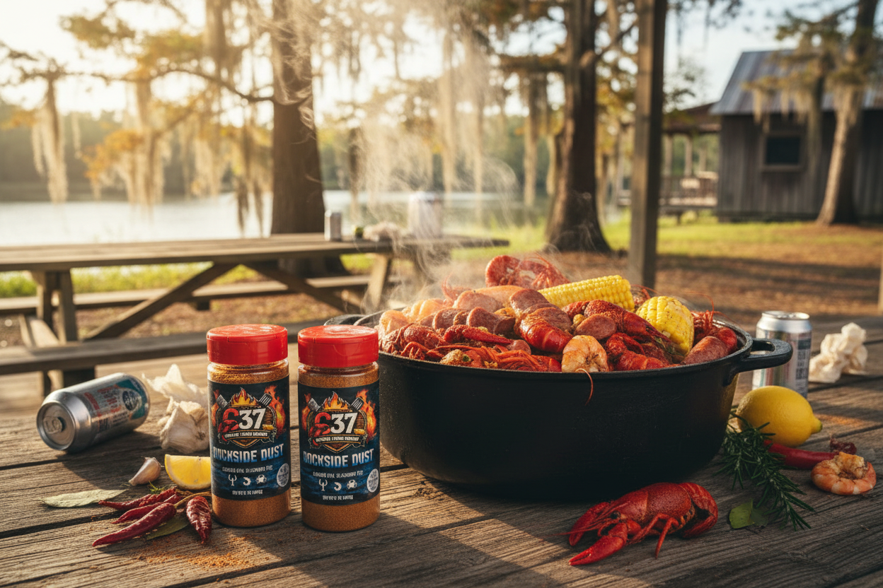 Two Dockside Dust Cajun Seafood Boil Seasoning bottles next to a steaming crawfish boil pot