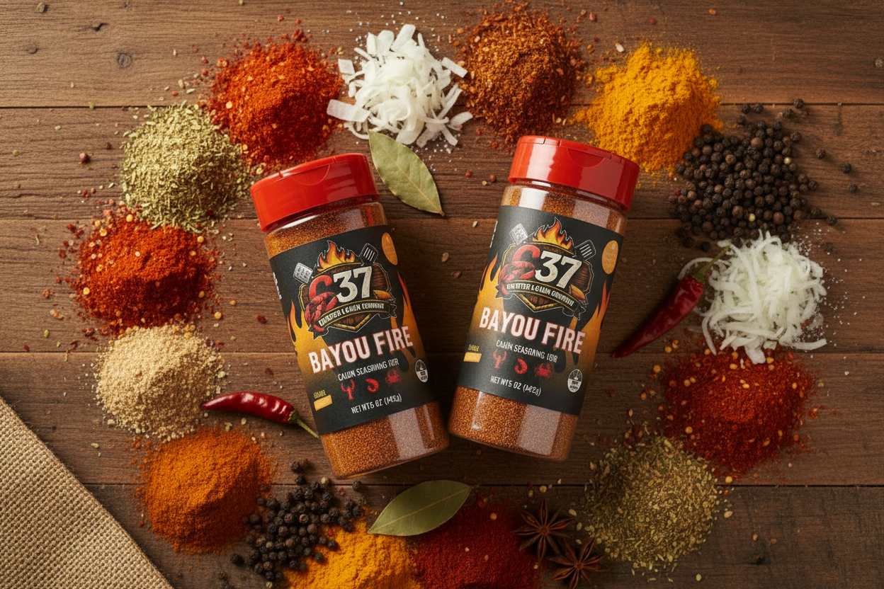 Two Bayou Fire Cajun Seasoning bottles surrounded by bold spices on rustic wooden surface